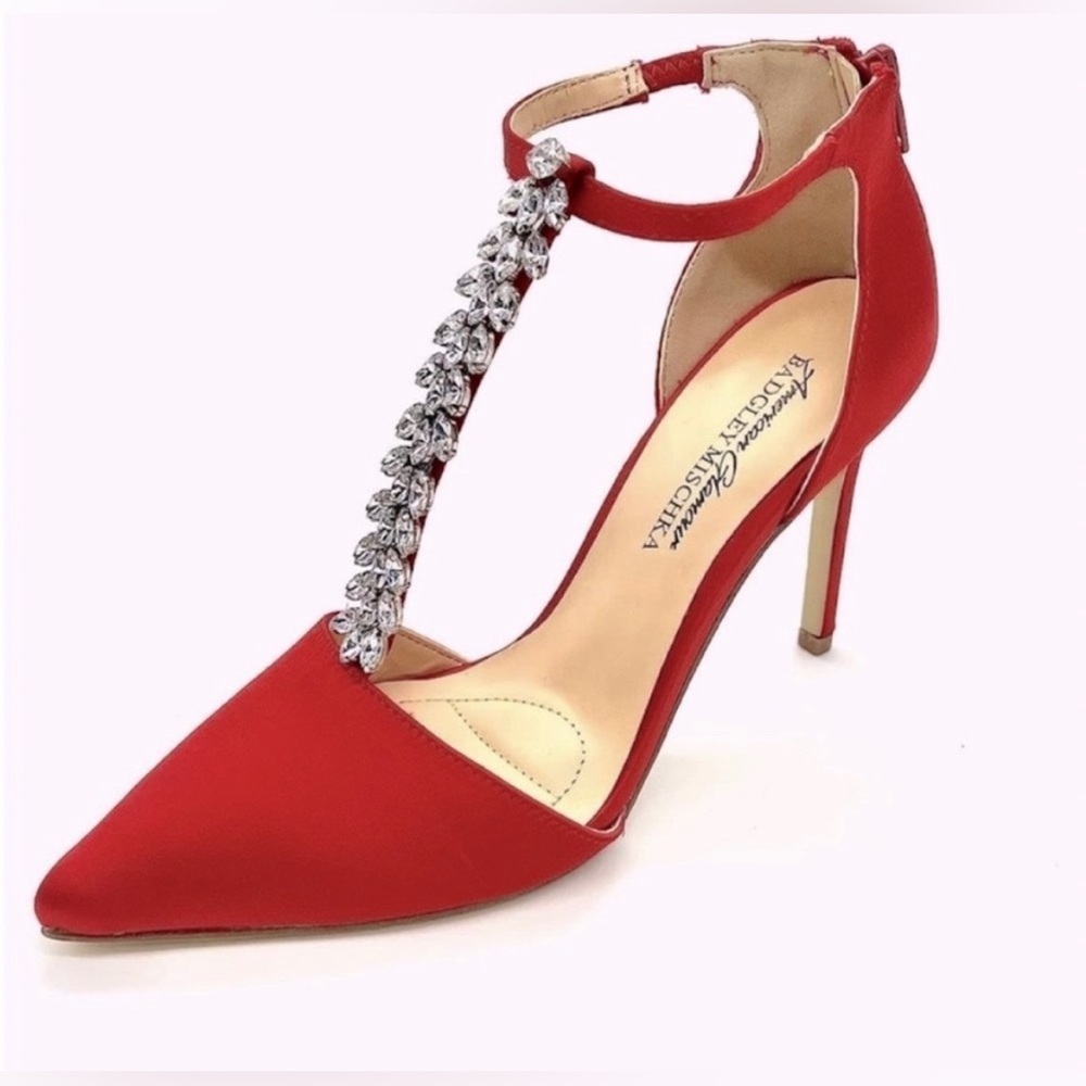BADGLEY MISCHKA AMERICAN GLAMOUR Red Silver Satin Jeweled Heels Crystal 6.5 NEW